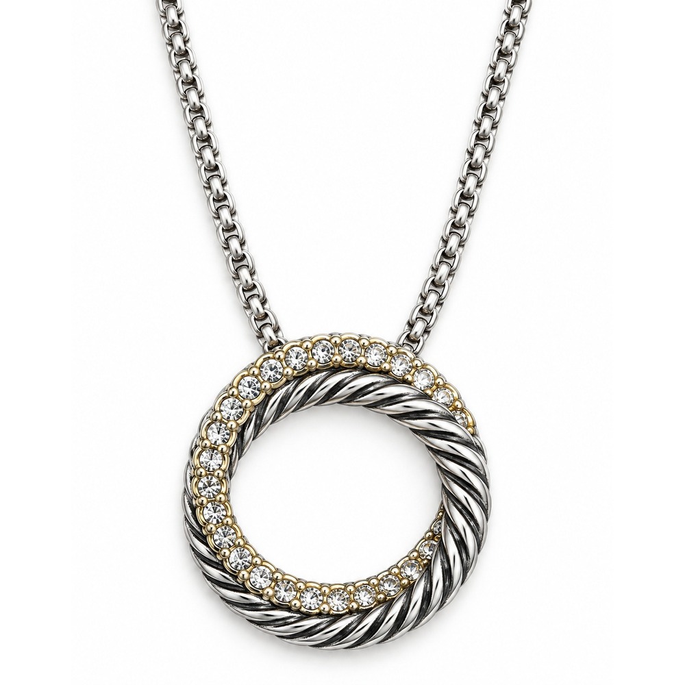 Two Tone Twisted Cable Circle Pendant Necklace Crystal Silver Gold Tone 16"